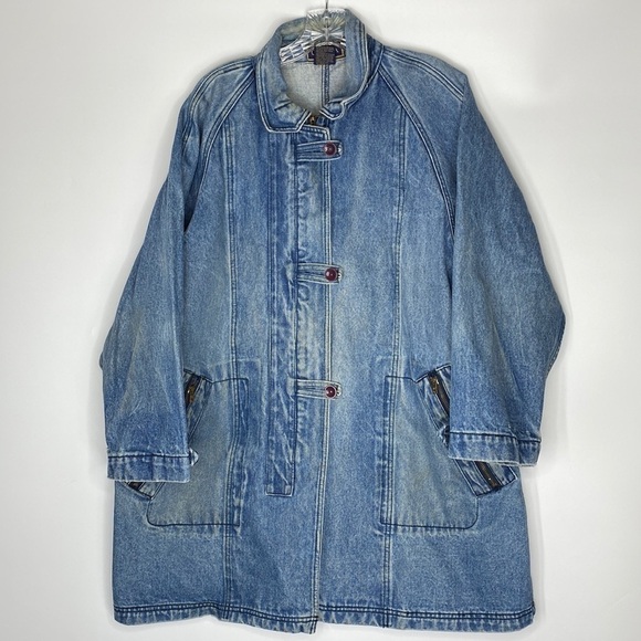 Vintage Gloria Long Denim Lab Jean Jacket Size Medium 80s - Picture 1 of 15